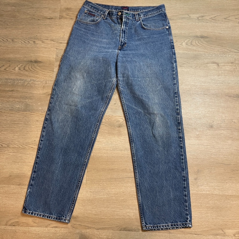 Vintage 90s Tommy Hilfiger Big Flag Patch Jeans Mens 36x34 Straight Leg Blue Den - Picture 3 of 11